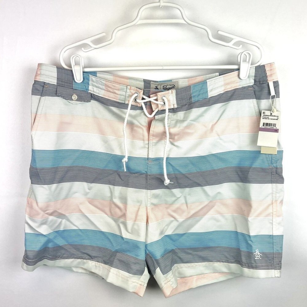 Original Penguin Men’s Striped Blue/White Multicolored Swim Shorts Size 38